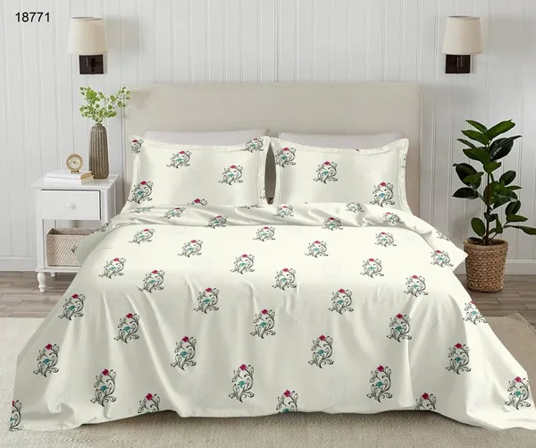 Organic_Ivory_Pink_&_Teal_Floral_Cotton_Bedsheet_Set_(King)