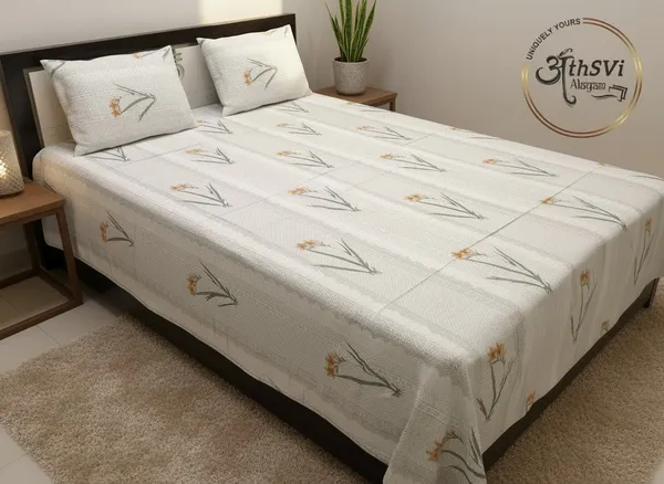Off-White_Textured_Orange_Sprig_Cotton_Bedsheet_Set_(Double/Queen)