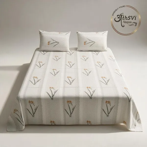Off-White_Textured_Orange_Sprig_Cotton_Bedsheet_Set_(Double/Queen)