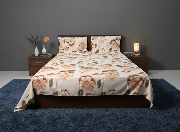 Cream_Bold_Peach_Hibiscus_Floral_Cotton_Bedsheet_Set_(Regular_size_-_Double_bed_(90*100)