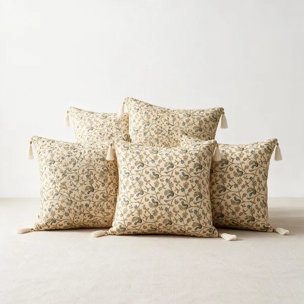 Cream_Ditsy_Floral_Cushion_Cover_with_Tassels_(Blue/Rust)