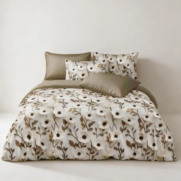 Ivory_Olive_Anemone_Floral_Cotton_Bedsheet_Set_(Regular_size_-_Double_bed_(90*100)