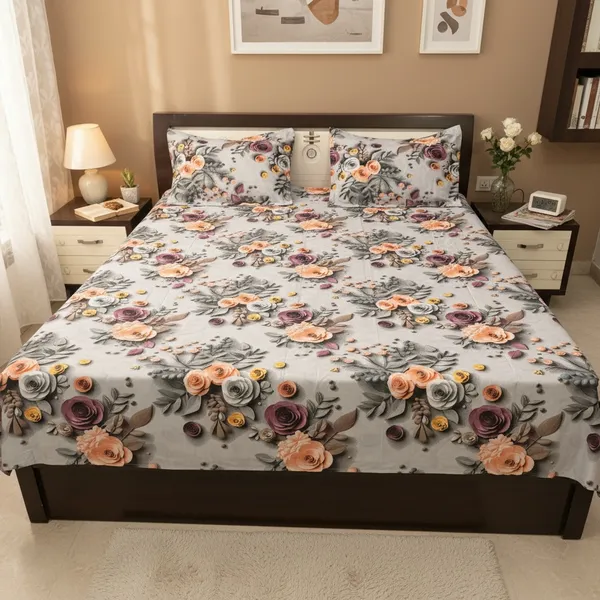 White-Grey_Bold_3D-Style_Rose_Bouquet_Cotton_Bedsheet_Set_(Regular_size_-_Double_bed_(90*100)