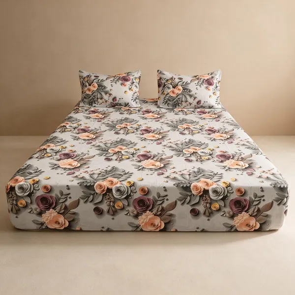 White-Grey_Bold_3D-Style_Rose_Bouquet_Cotton_Bedsheet_Set_(Regular_size_-_Double_bed_(90*100)