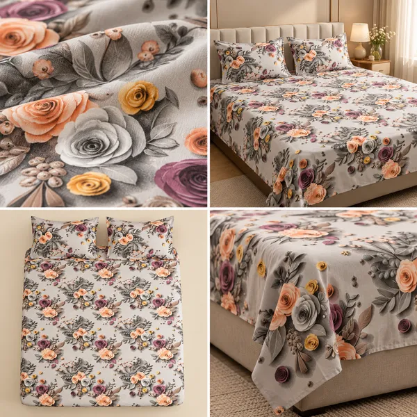 Grey_Bold_3D-Style_Rose_Bouquet_Cotton_Bedsheet_Set_(Regular_size_-_Double_bed_(90*100)