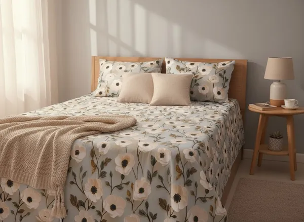 Ivory_Olive_Anemone_Floral_Cotton_Bedsheet_Set_(Regular_size_-_Double_bed_(90*100)