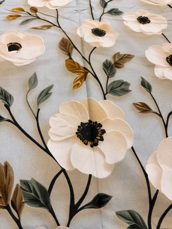 Ivory_Olive_Anemone_Floral_Cotton_Bedsheet_Set_(Regular_size_-_Double_bed_(90*100)