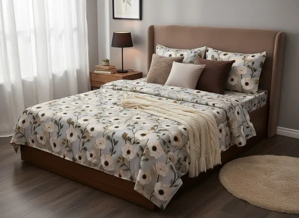 Ivory_Olive_Anemone_Floral_Cotton_Bedsheet_Set_(Regular_size_-_Double_bed_(90*100)