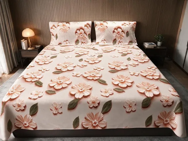 Peach_Hibiscus_Floral_Cotton_Bedsheet_Set_(Regular_size_-_Double_bed_(90*100)