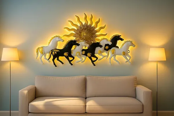 IND_DECOR_Carly_7_Horses_Wall_Art_|_Vastu_Decorative_Metal_Wall_Hanging_Sculpture_for_Living_Room,_Bedroom,Cafe._&_Office_|_Elegant_Sunrise_Design_with_LED_Lighting_|_36_x_2x_20_Inch_|_IND_W153_(C)