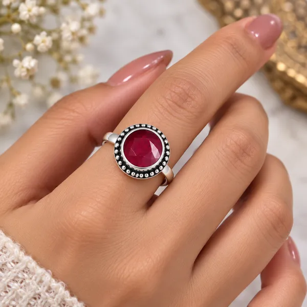 925_Sterling_Silver_Ruby_Red_Stone_Beaded_Ring_for_Women_|_Vintage_Designer_Statement_Ring_|_Lightweight_2_Gram_Ring