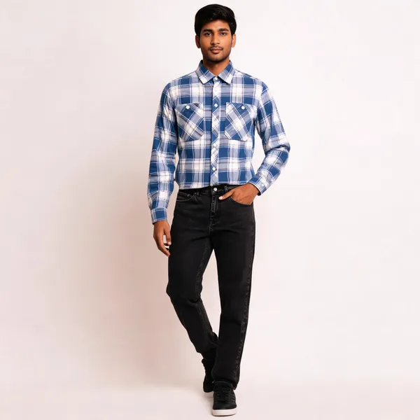 Blue_Poly_Cotton_Regular_Fit_Plaid_Shirt_And_Jeans_Set_For_Men