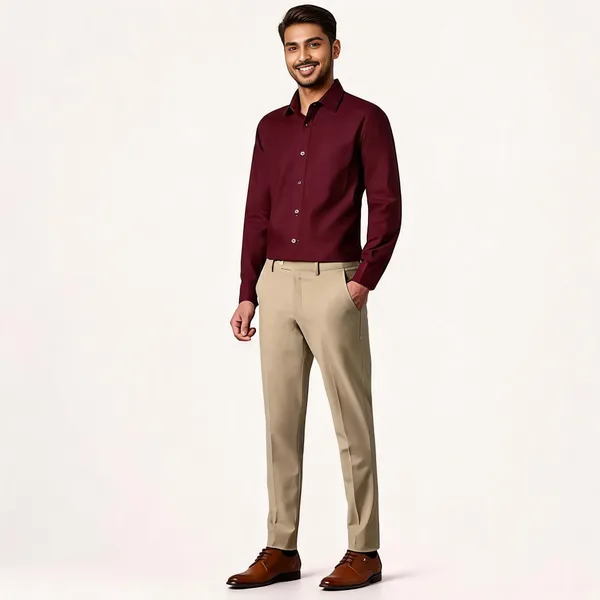 Maroon_Poly_Cotton_Regular_Fit_Solid_Full_Sleeve_Shirt_And_Pant_Set_For_Men