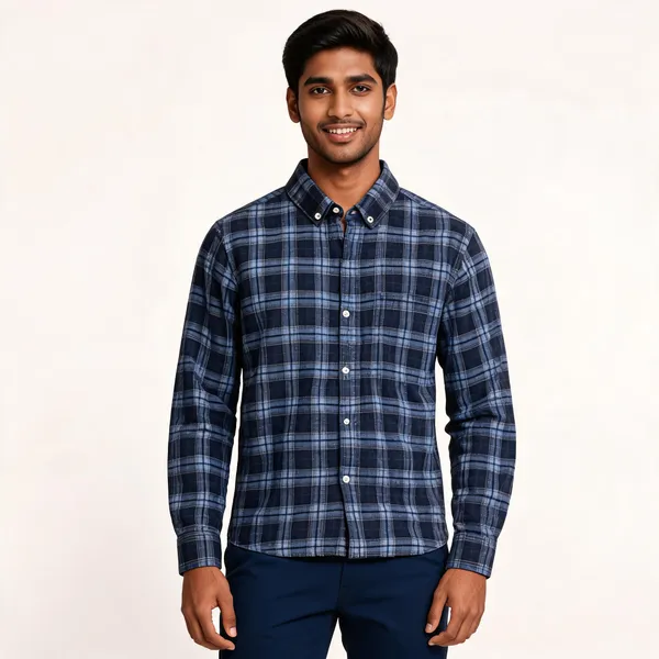 Navy_Poly_Cotton_Regular_Fit_Plaid_Button_Down_Shirt_For_Men