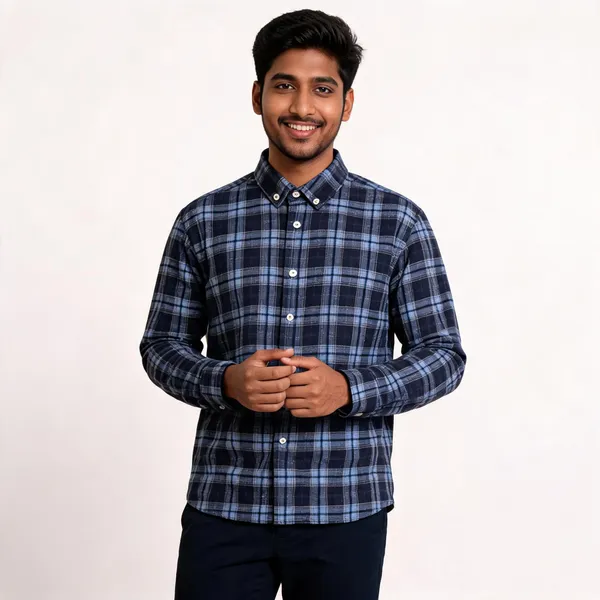 Navy_Poly_Cotton_Regular_Fit_Plaid_Button_Down_Shirt_For_Men