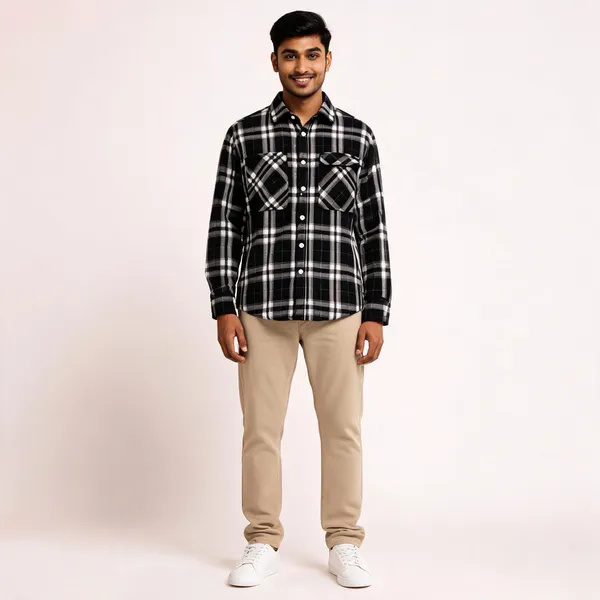 Black_&_Beige_Poly_Cotton_Regular_Checked_Shirt_And_Pants_Set_For_Men