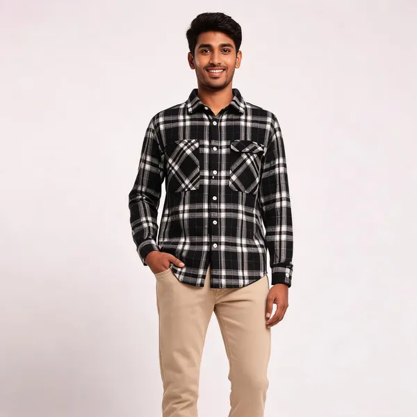 Black_&_Beige_Poly_Cotton_Regular_Checked_Shirt_And_Pants_Set_For_Men