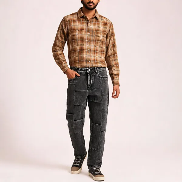 Brown_&_Black_Poly_Cotton_Regular_Checkered_Shirt_And_Jeans_Set_For_Men