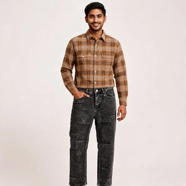 Brown_&_Black_Poly_Cotton_Regular_Checkered_Shirt_And_Jeans_Set_For_Men