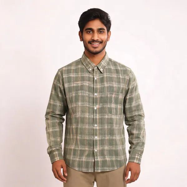Olive_Poly_Cotton_Regular_Fit_Plaid_Button_Down_Shirt_For_Men