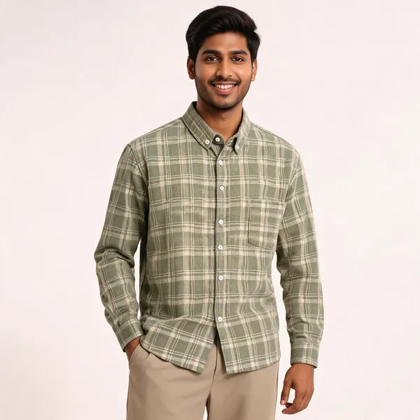 Olive_Poly_Cotton_Regular_Fit_Plaid_Button_Down_Shirt_For_Men