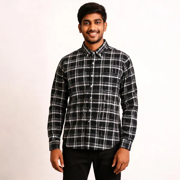 Black_Poly_Cotton_Regular_Fit_Checked_Button_Down_Shirt_For_Men