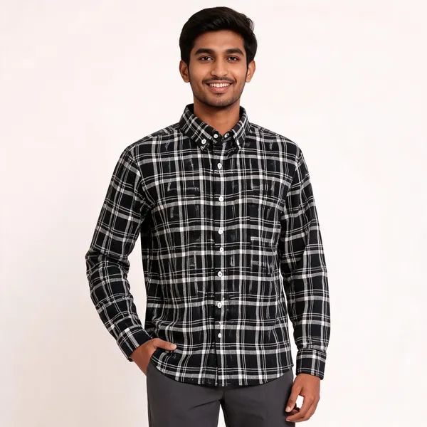 Black_Poly_Cotton_Regular_Fit_Checked_Button_Down_Shirt_For_Men