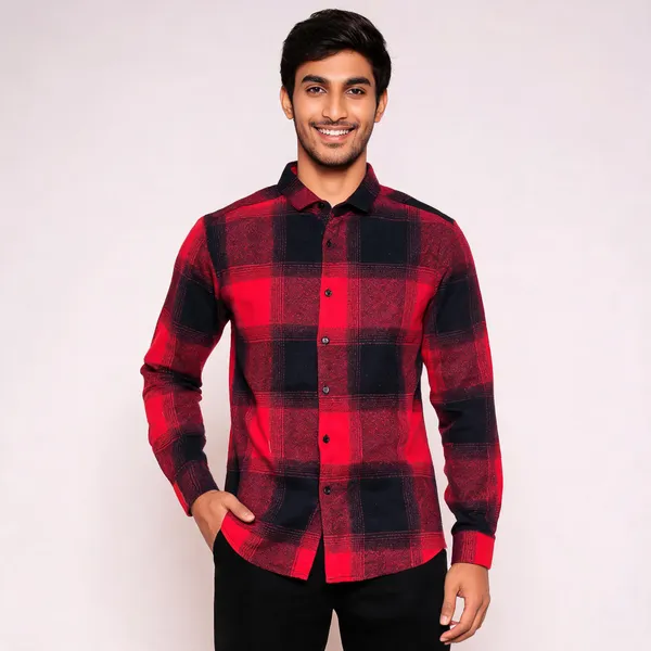 Red_Black_Jacquard_Regular_Fit_Plaid_Casual_Shirt_For_Men