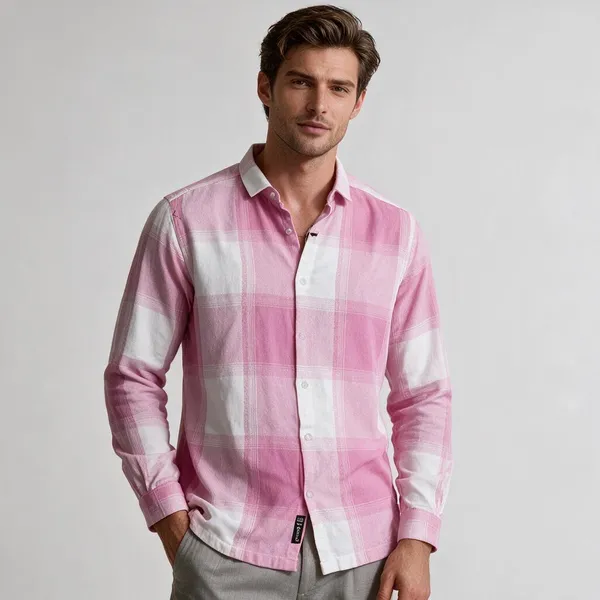 Pink_Jacquard_Regular_Fit_Plaid_Short_Sleeve_Shirt_For_Men