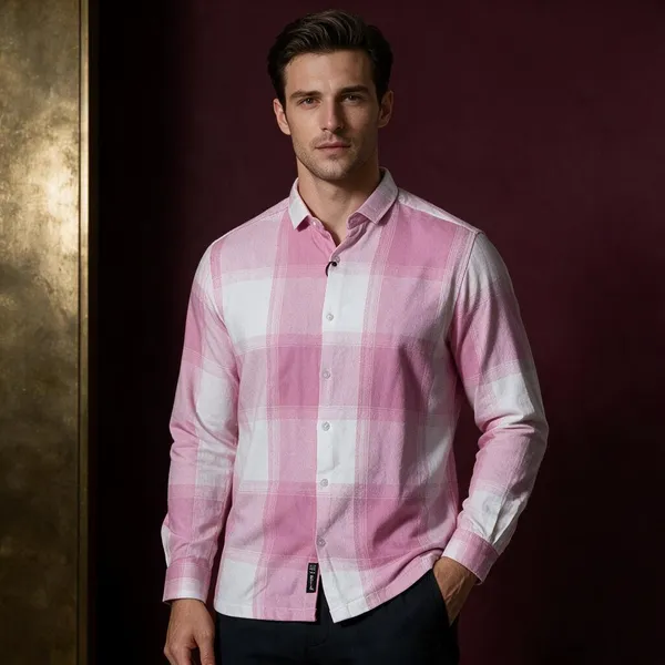 Pink_Jacquard_Regular_Fit_Plaid_Short_Sleeve_Shirt_For_Men