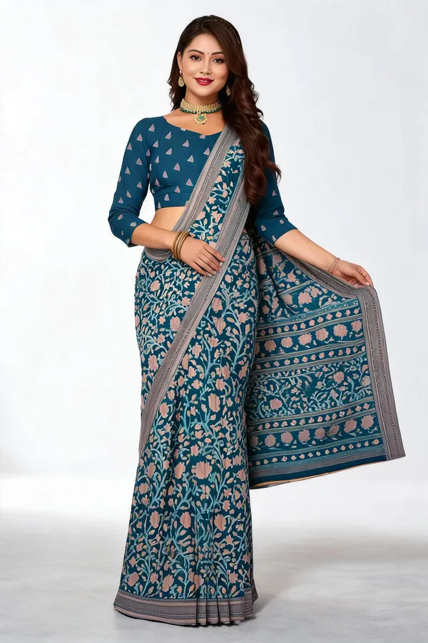 Blue_Floral_Print_Saree_For_Women