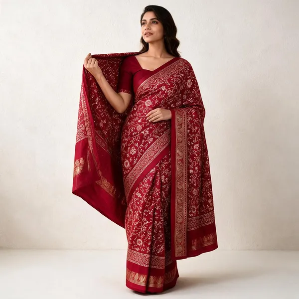 Red_Floral_Leaf_Print_Paisley_Border_Saree_For_Women
