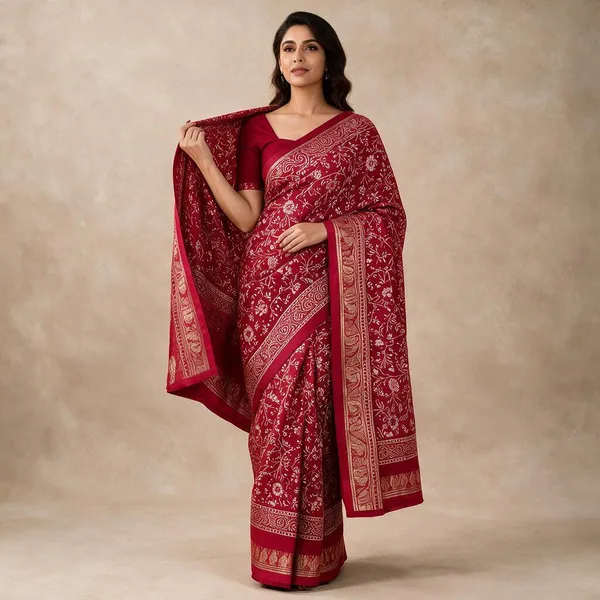 Red_Floral_Leaf_Print_Paisley_Border_Saree_For_Women