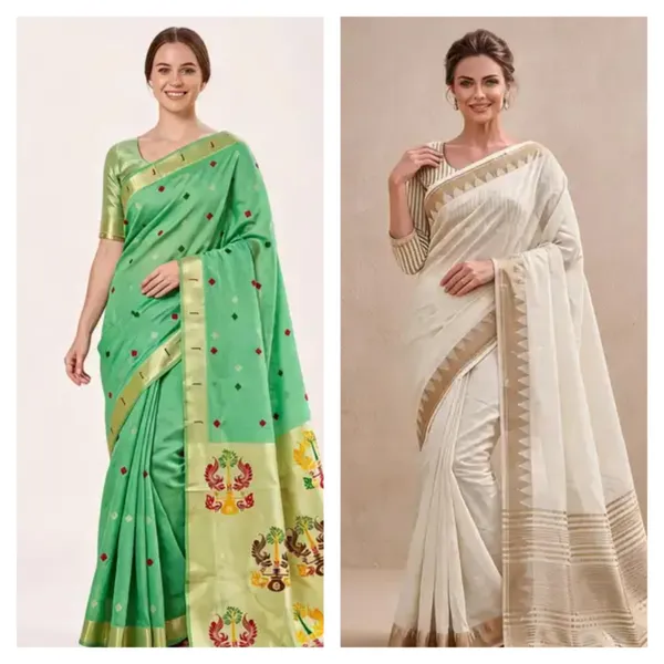 Cream_And_Green_Geometric_Border_Traditional_Saree_For_Women_-_Pack_Of_2