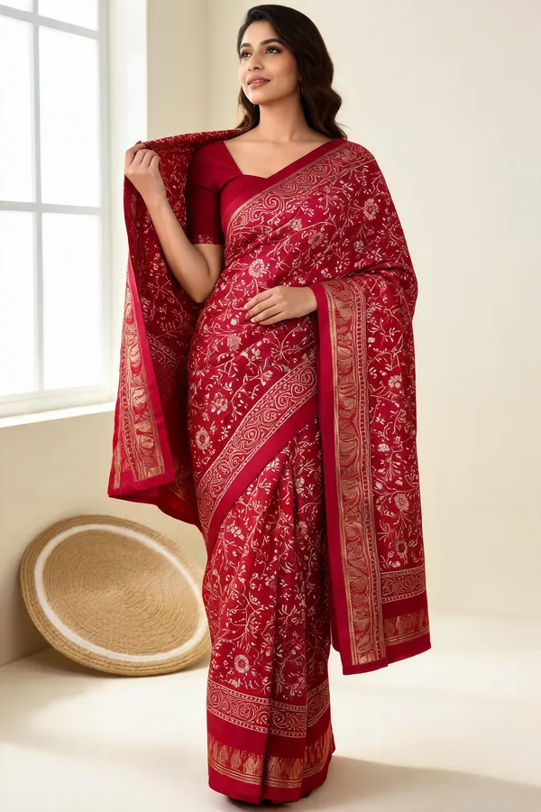 Red_Floral_Leaf_Print_Paisley_Border_Saree_For_Women