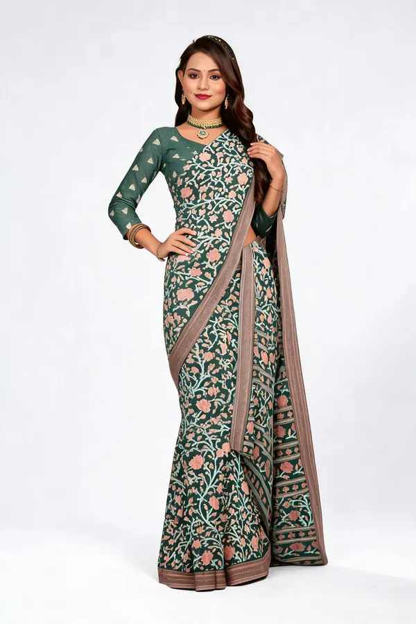 Green_Floral_Print_Saree_For_Women