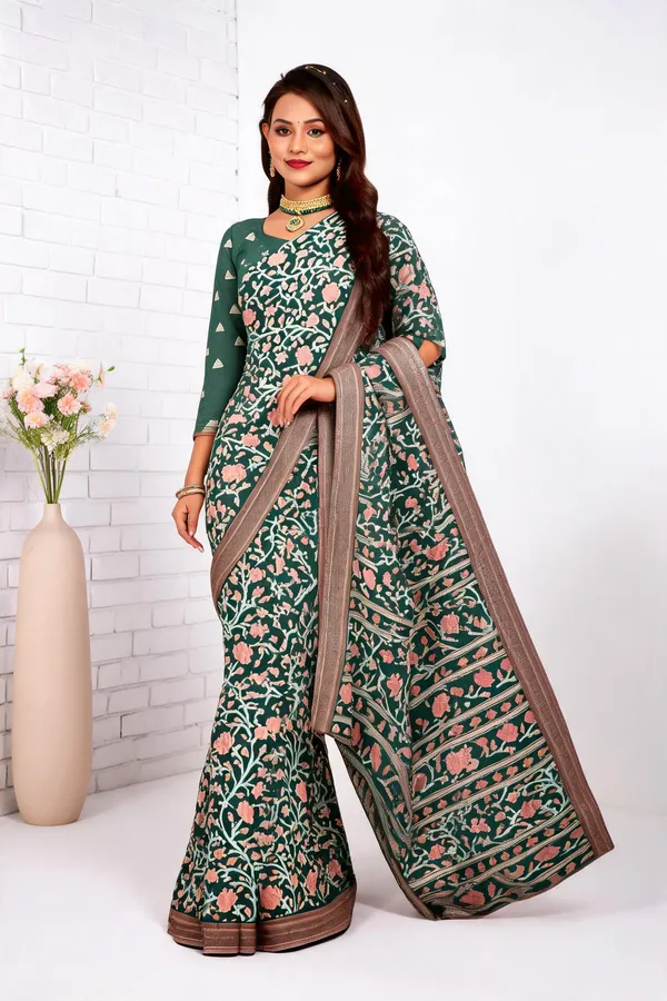 Green_Floral_Print_Saree_For_Women
