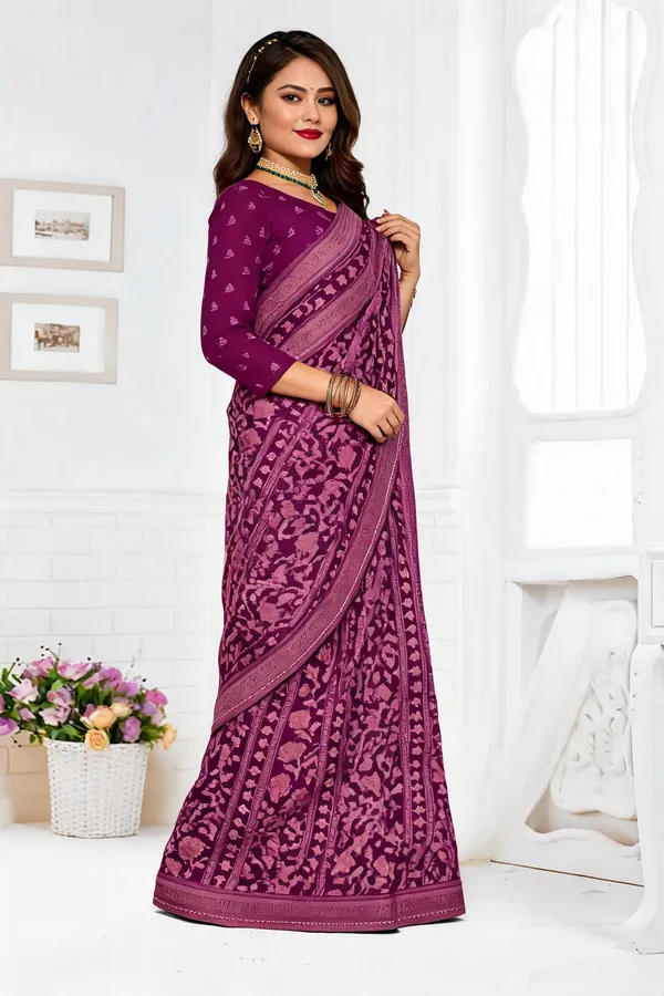 Purple_Floral_Leaf_Print_Saree_For_Women