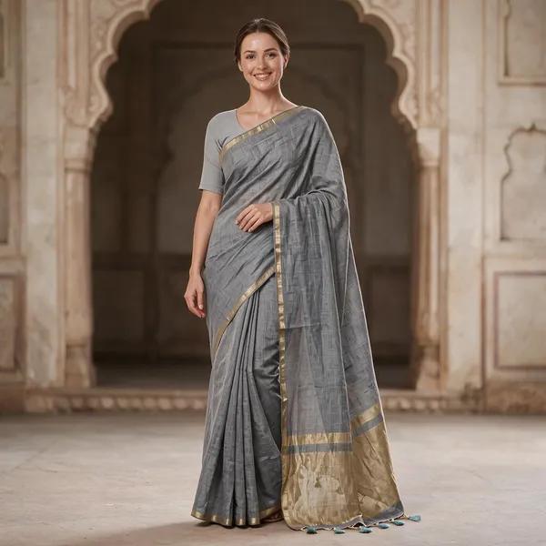 Grey_Woven_Gold_Border_Saree_For_Women