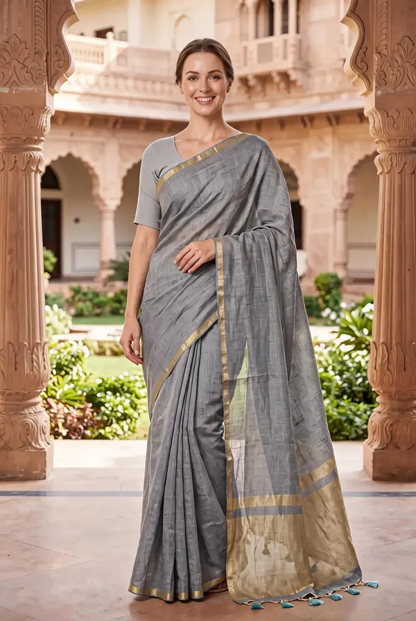 Grey_Woven_Gold_Border_Saree_For_Women