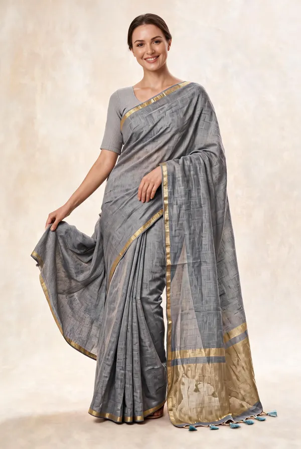 Grey_Woven_Gold_Border_Saree_For_Women