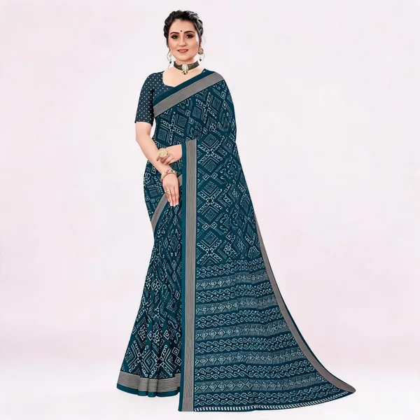 Teal_Geometric_Traditional_Print_Saree_For_Women