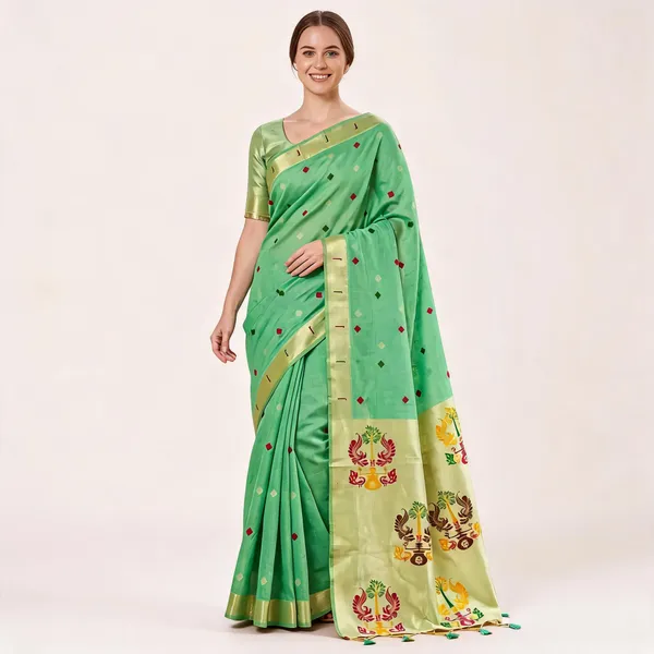 Cream_And_Green_Geometric_Border_Traditional_Saree_For_Women_-_Pack_Of_2