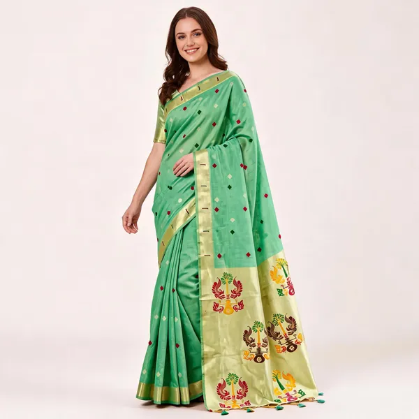 Cream_And_Green_Geometric_Border_Traditional_Saree_For_Women_-_Pack_Of_2