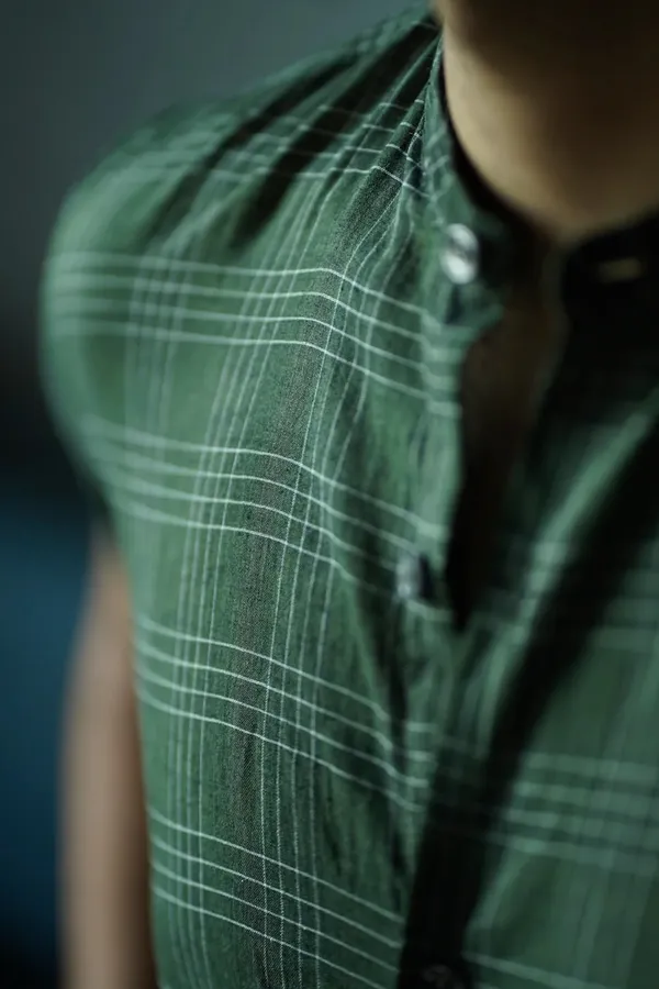 Green_Cotton_Relaxed_Fit_Mandarin_Collar_Shirt_For_Men