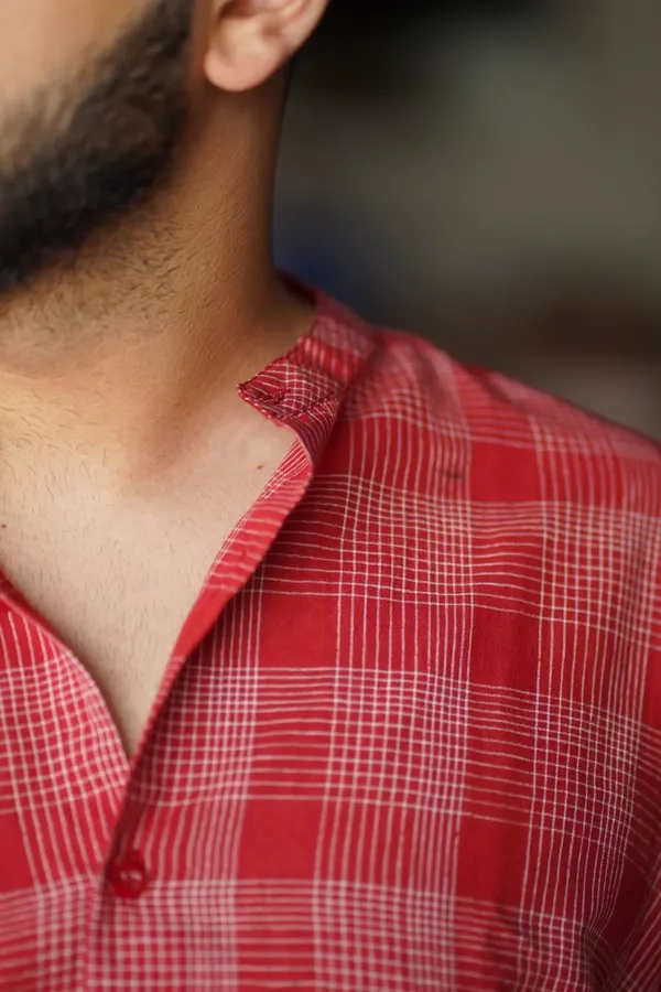 Red_Cotton_Relaxed_Fit_Checked_Short_Sleeve_Kurta_For_Men