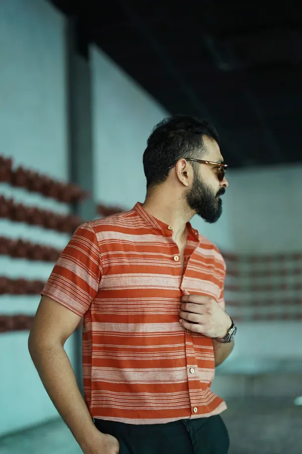 Red_Cotton_Relaxed_Fit_Striped_Short_Sleeve_Shirt_For_Men
