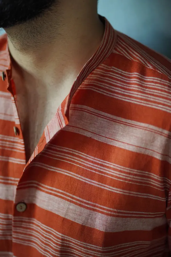 Red_Cotton_Relaxed_Fit_Striped_Short_Sleeve_Shirt_For_Men