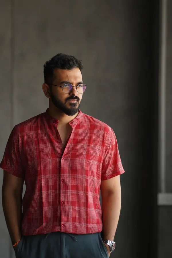 Red_Cotton_Relaxed_Fit_Checked_Short_Sleeve_Kurta_For_Men