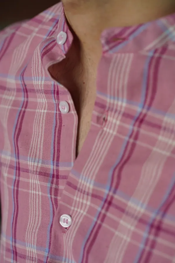 Pink_Cotton_Regular_Fit_Plaid_Short_Sleeve_Shirt_For_Men